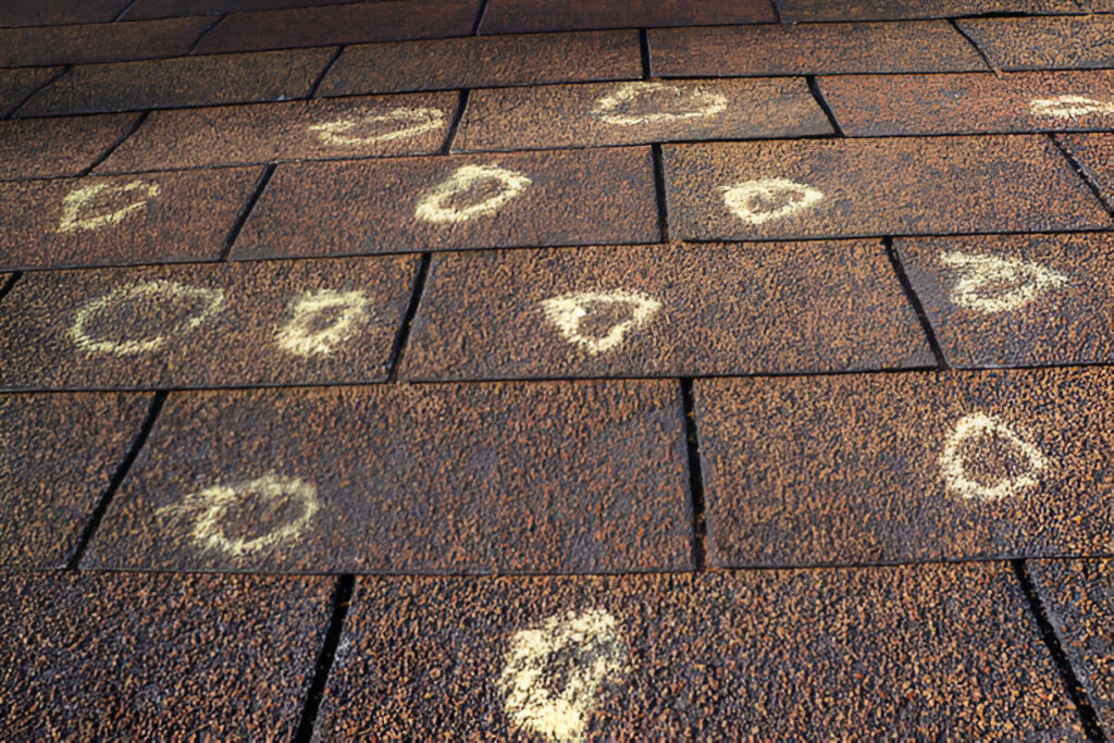 Hail Damage shingles marked up by insurance inspector