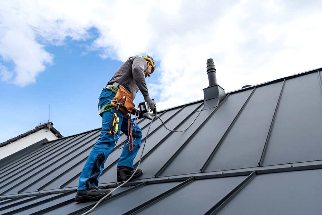 roofing contractor on a metal roof